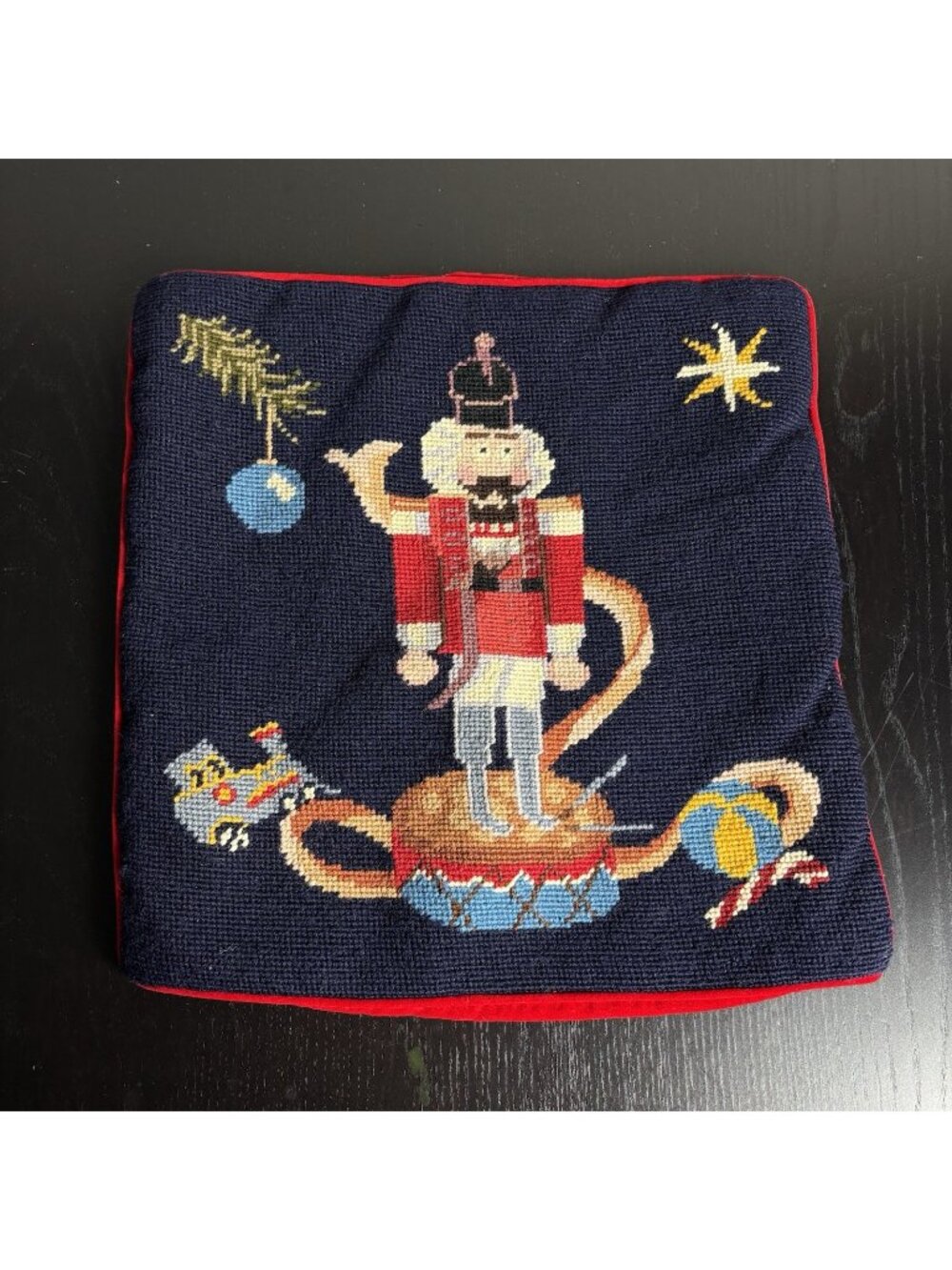 Vintage Blue Nutcracker Wool Needlepoint & Velvet Pillow Cover Christmas Holiday